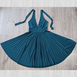 Dark Teal Pleated Circle Skirt Halter Party Dress